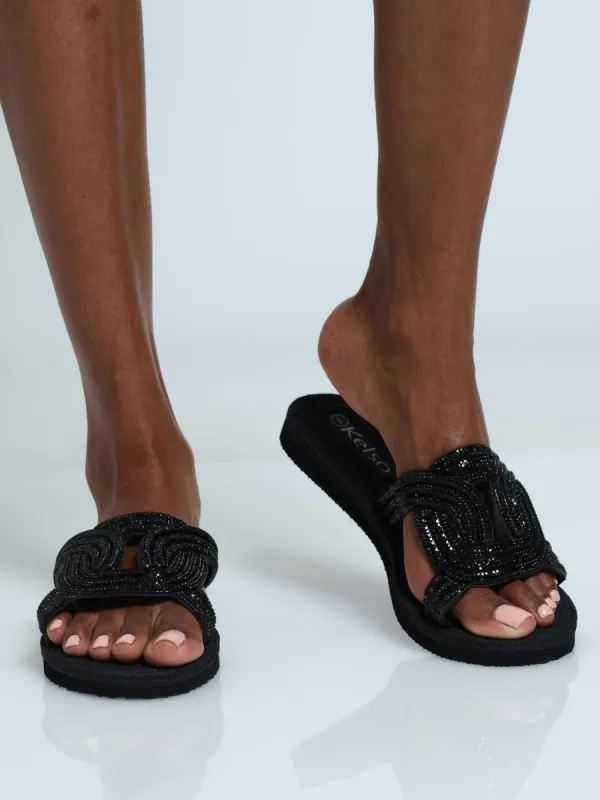 Diamante Sandal With Oval Trim - Black sold by Edgars