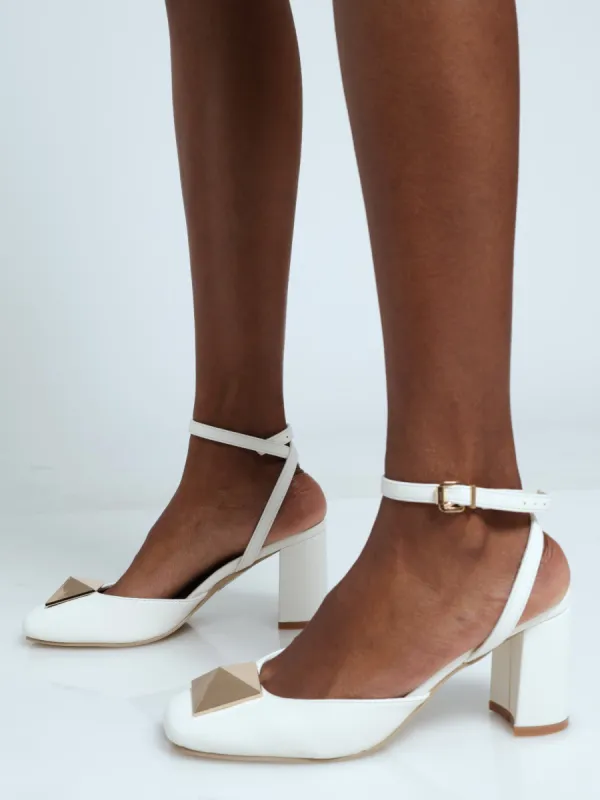 Ankle Strap Heel With Gold Trim - Cream sold by Edgars 