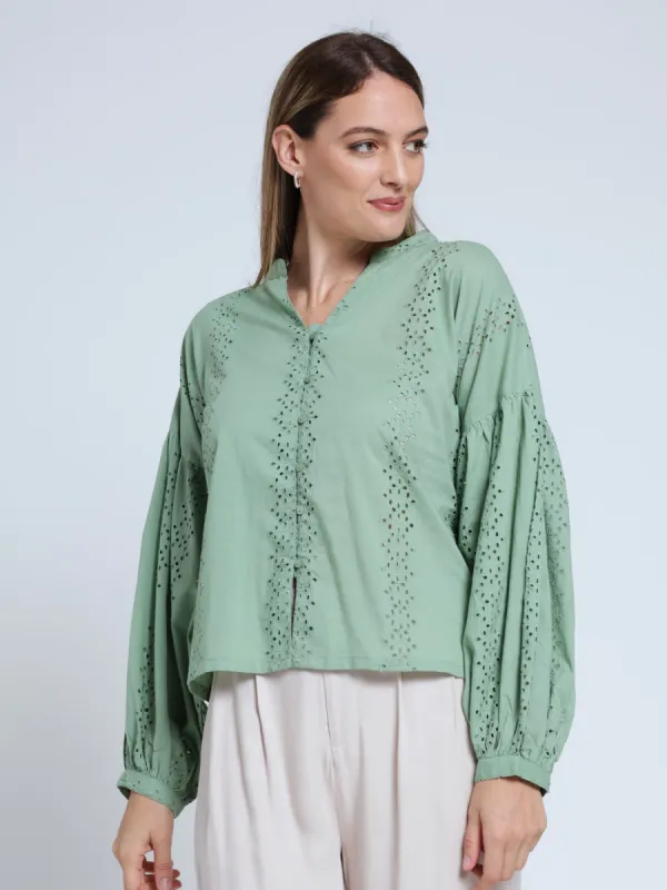Long Sleeve Manadrin Button Through Anglaise Boho Blouse - Sage sold by Edgars 