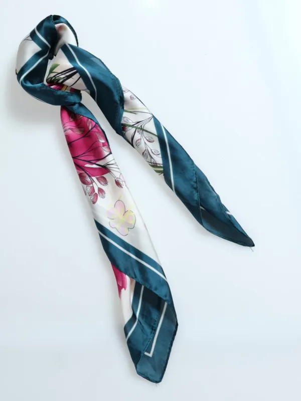 Floral Print With Boarder Satin Feel Scarf - Teal sold by Edgars