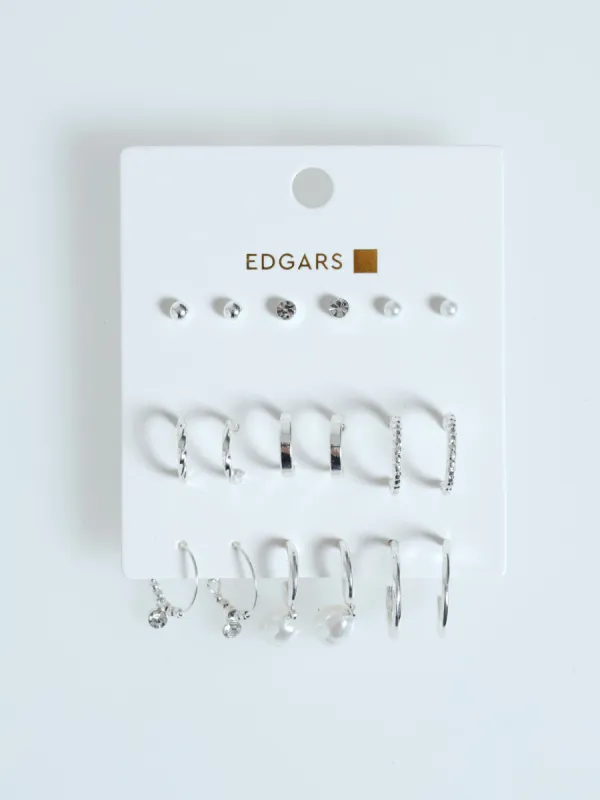 9 Pack Small Hoops & Studs Earrings - Silver sold by Edgars