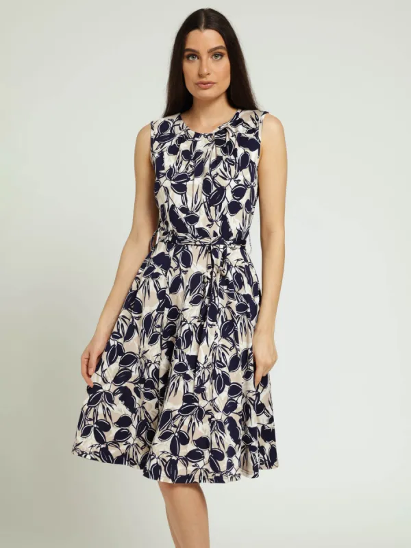 Puff Print Flare Dress With Belt - Navy sold by Edgars