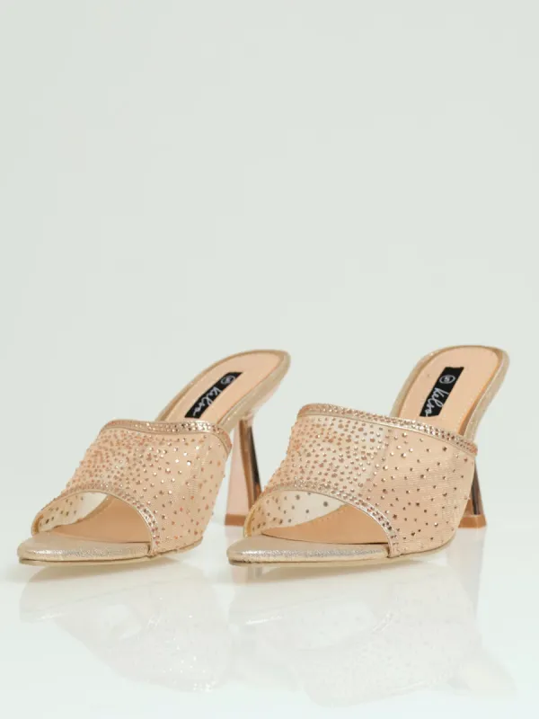 Wide Vamp Studded Mesh Pointy Mule Heel - Rose Gold sold by Edgars 