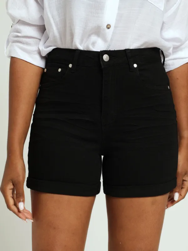 Roll Hem  Mid Thigh Classic Denim Short - Black sold by Edgars