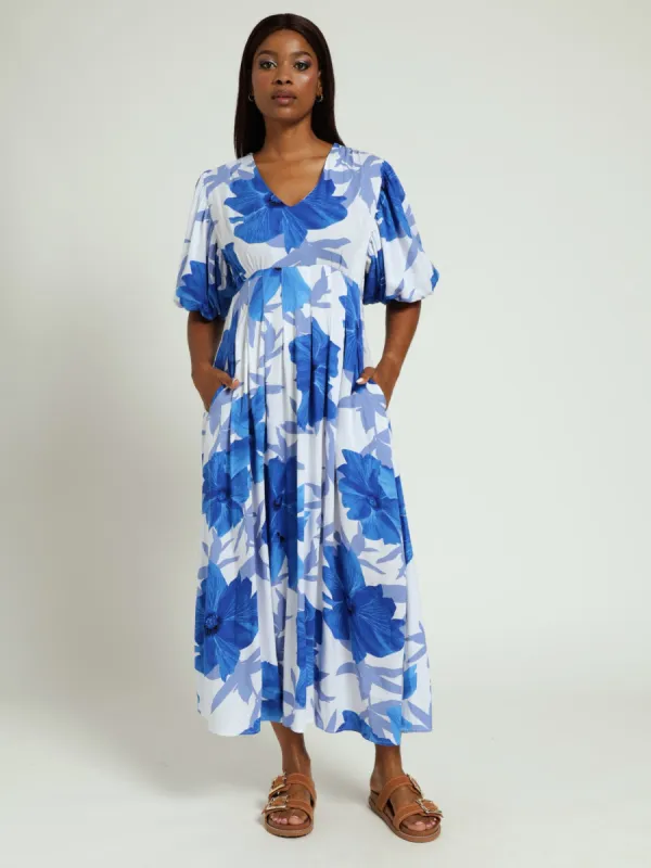 Bubble Sleeve V-Neck Pleat Detail Midi Dress - White/Blue sold by Edgars