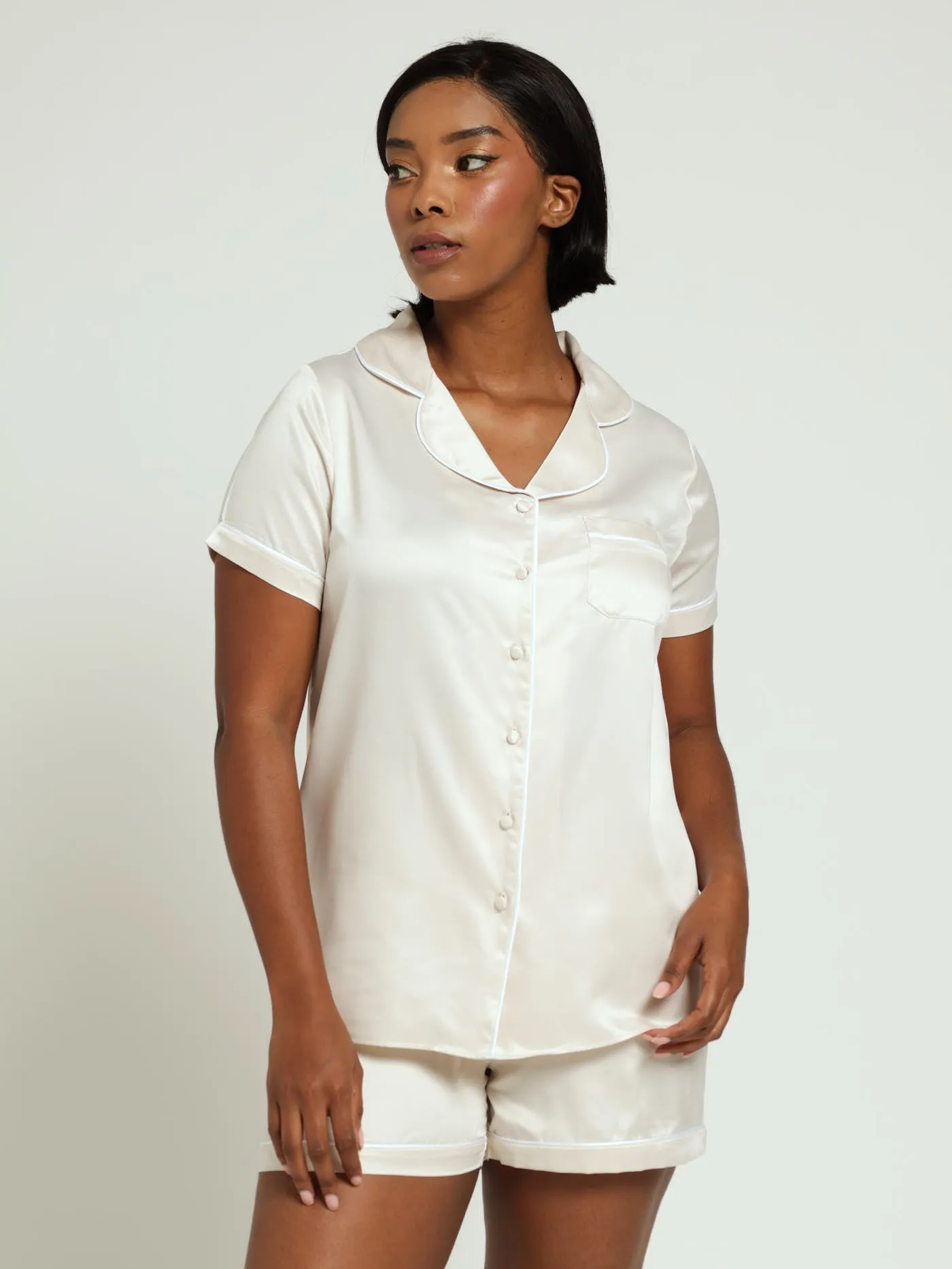 Satin Plain Button Through Sleep Short - Oatmeal sold by Edgars