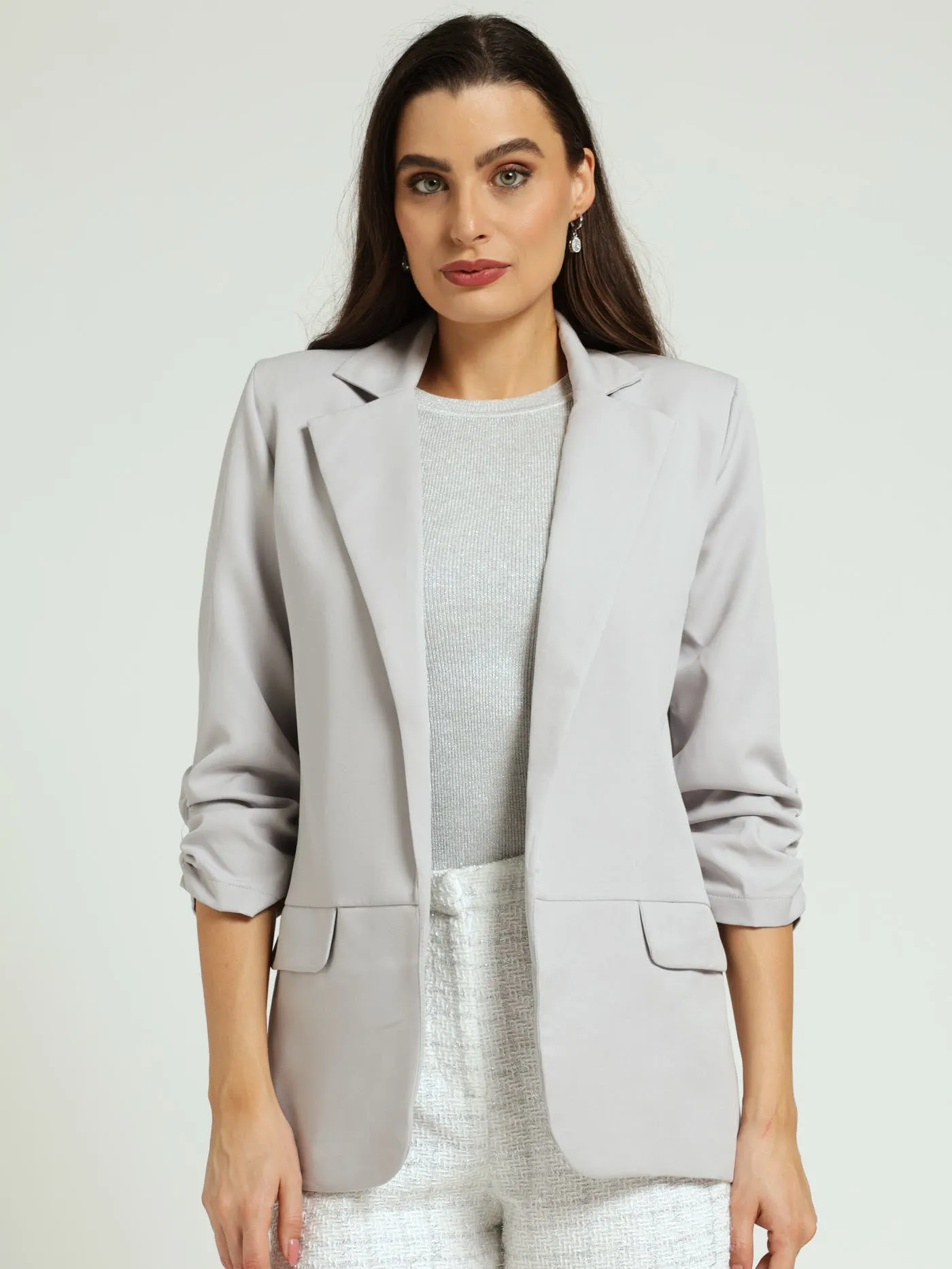 Ruched Sleeve Pocket Flap Blazer - Grey sold by Edgars