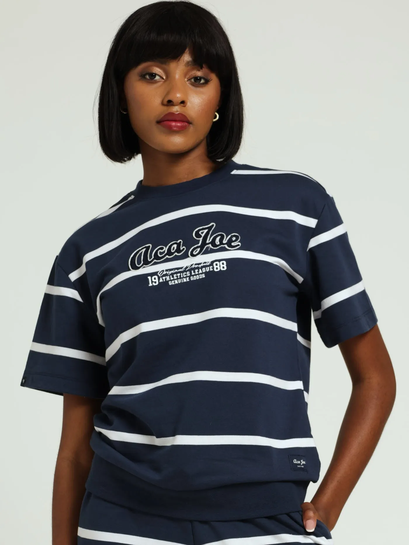 Unbrushed Fleece Yarn Dyed Stripe Embroidery Top - Navy/White sold by Edgars
