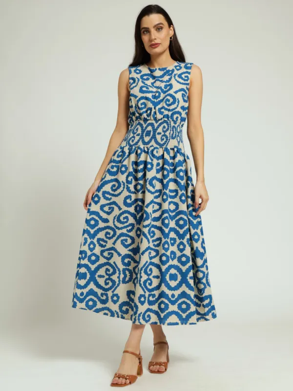 Sleeveless Shirred Waist Fit & Flare Maxi Dress - Stone/Blue sold by Edgars 
