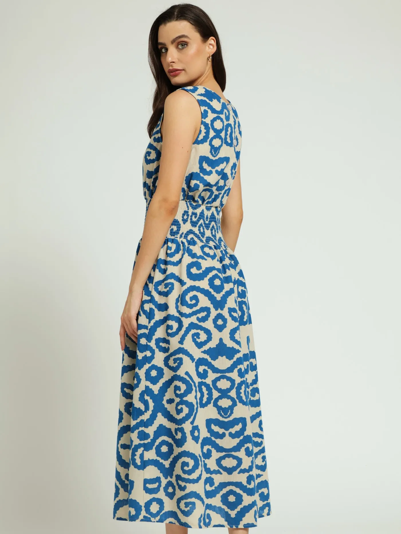 Sleeveless Shirred Waist Fit & Flare Maxi Dress - Stone/Blue sold by Edgars product image thumbnail 3