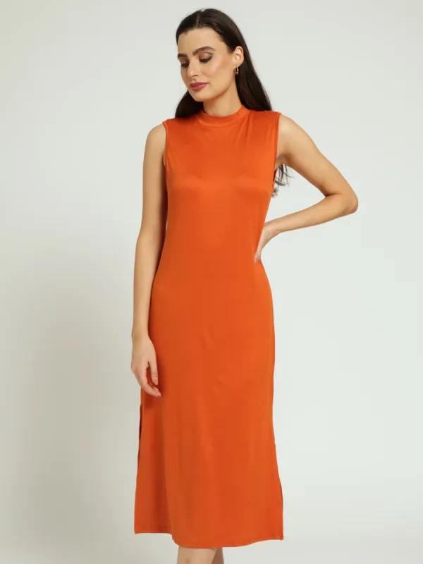 Sleeveless Turtle Neck Midi Column Dress With Side Slits - Rust sold by Edgars