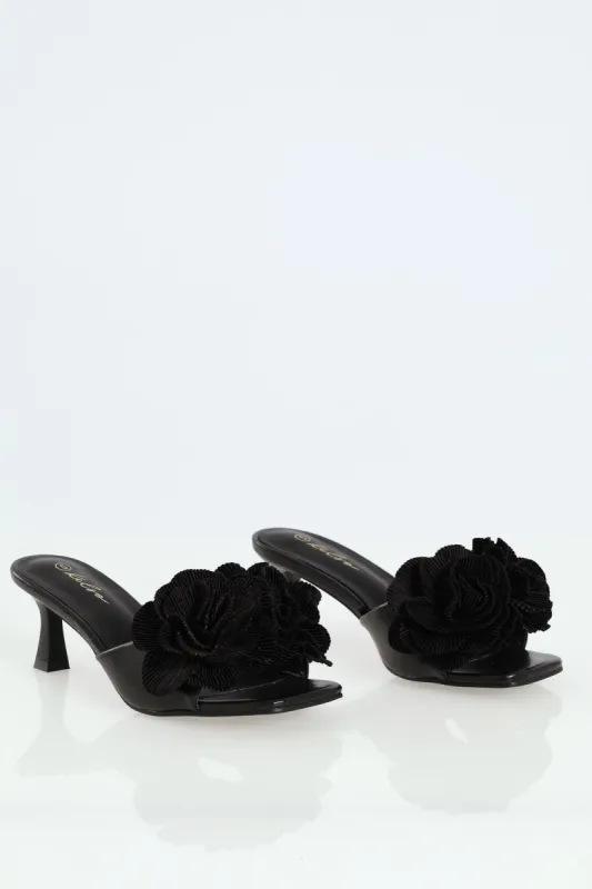Plisse Flower Kitten Mule Heel - Black sold by Edgars