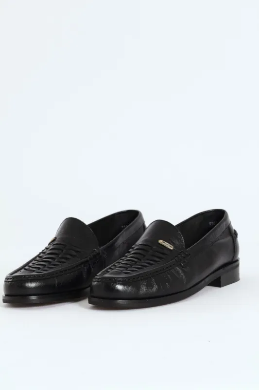 Leather Woven Plait Apron Slip On Moccassin - Black sold by Edgars