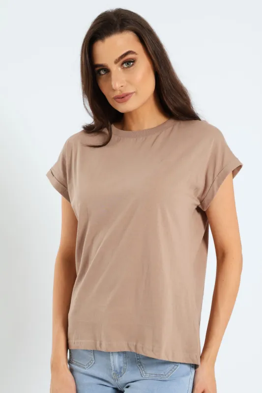 Turnup Sleeve Boxy Tee - Taupe sold by Edgars