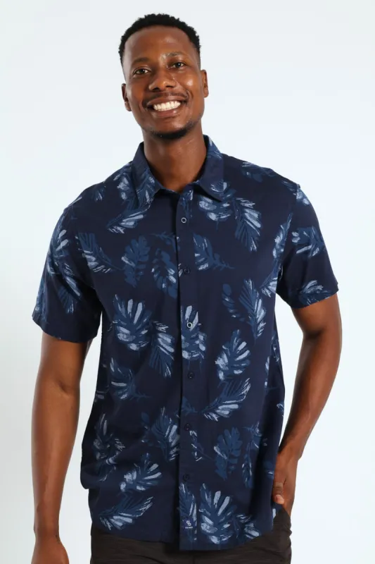 Leaf Print Collared Shirt - Navy sold by Edgars 