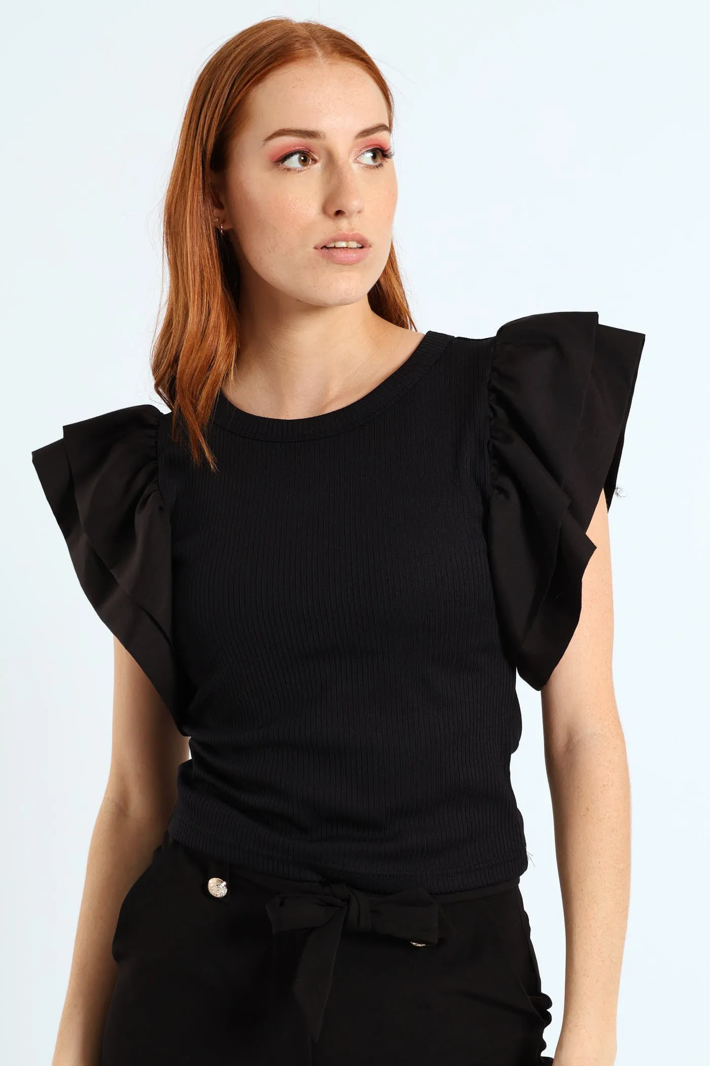 Ruffle Sleeve Rib Combo Tee - Black sold by Edgars