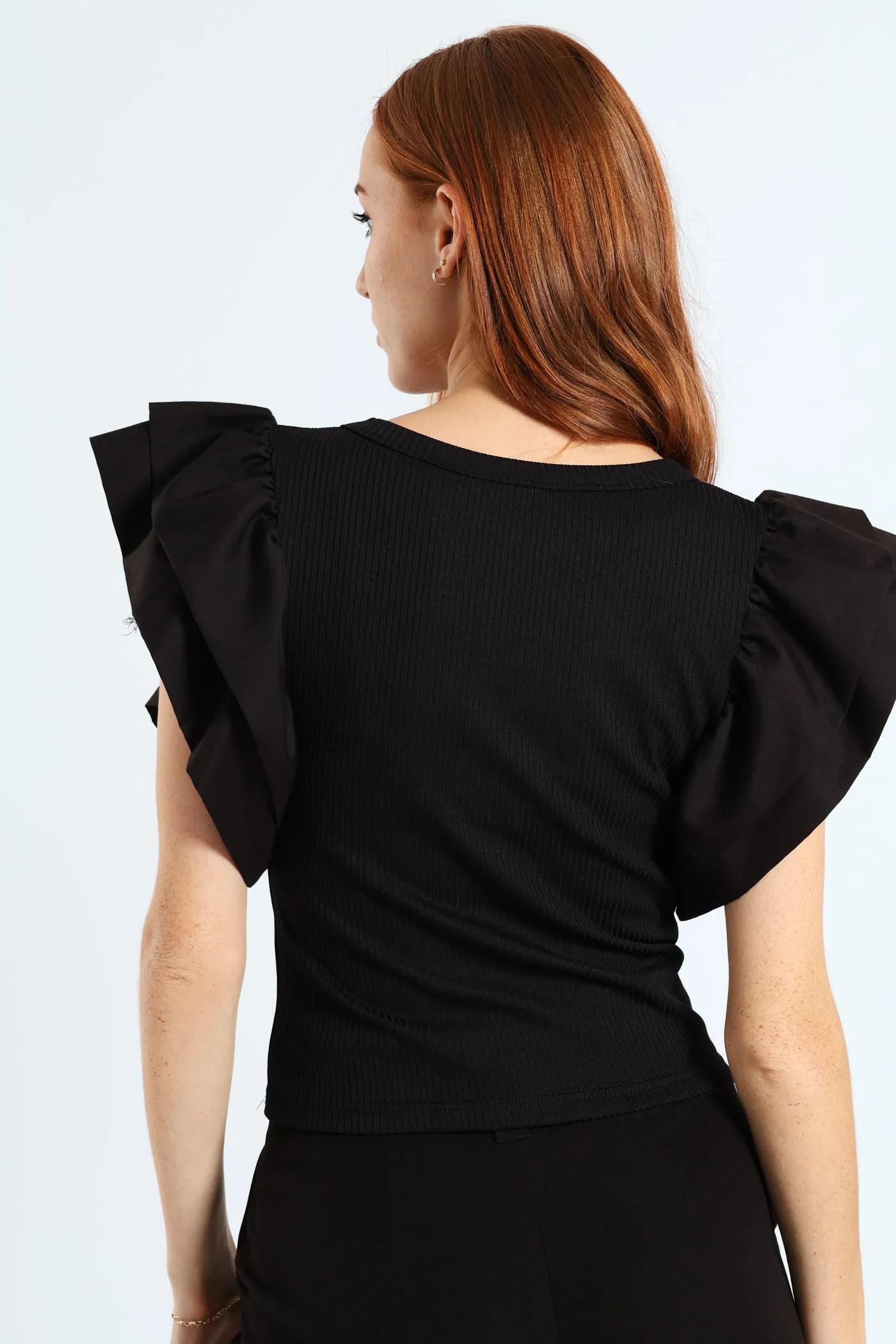 Ruffle Sleeve Rib Combo Tee - Black sold by Edgars product image thumbnail 3