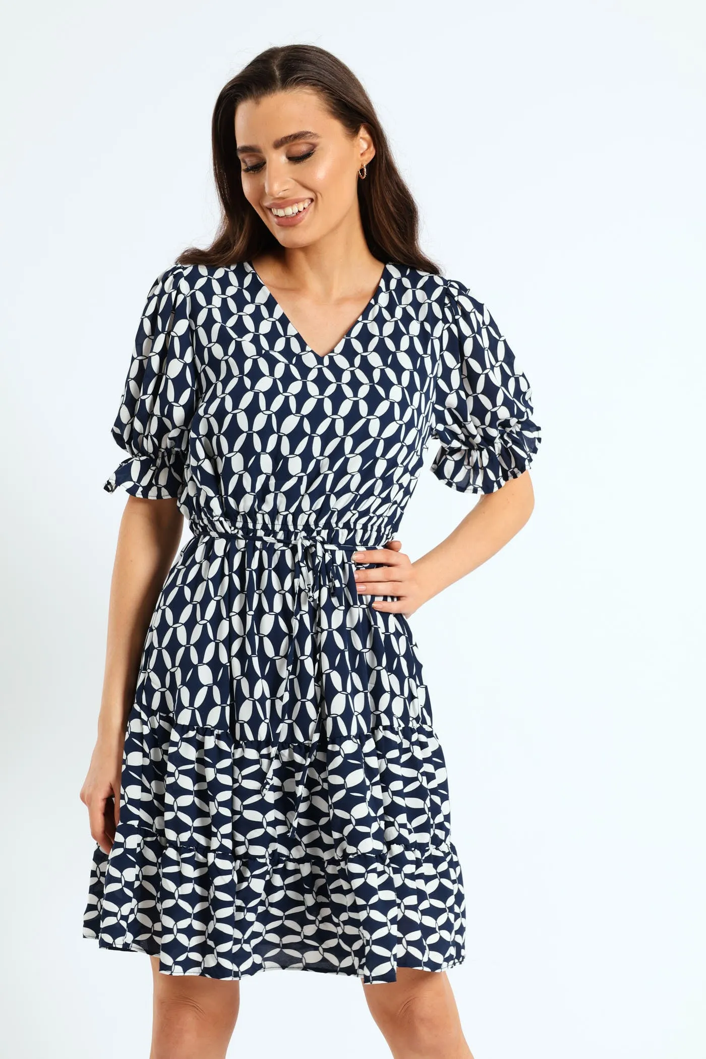 V-Neck Frill Hem Waisted Tea Dress - Navy/White sold by Edgars