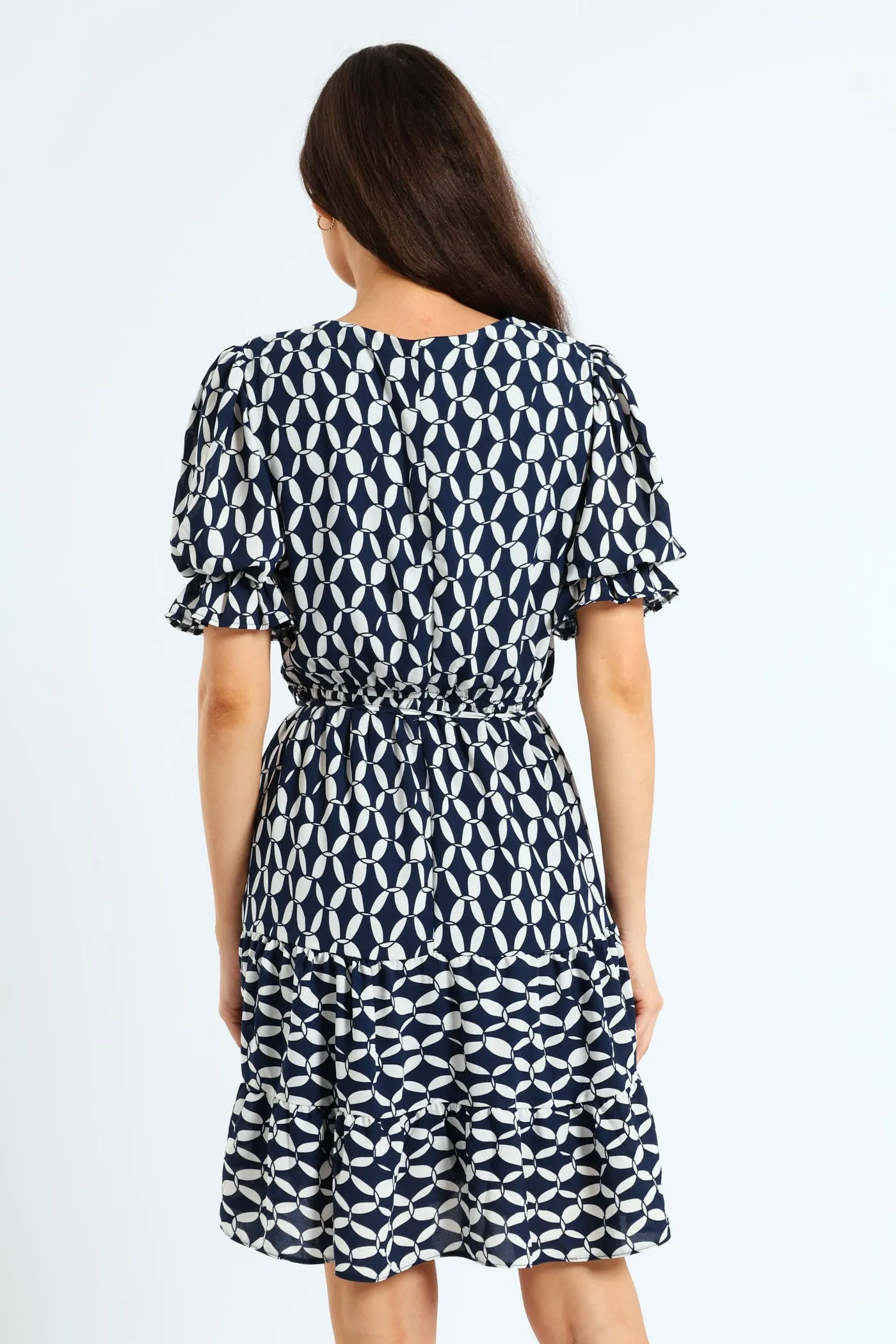 V-Neck Frill Hem Waisted Tea Dress - Navy/White sold by Edgars product image thumbnail 2