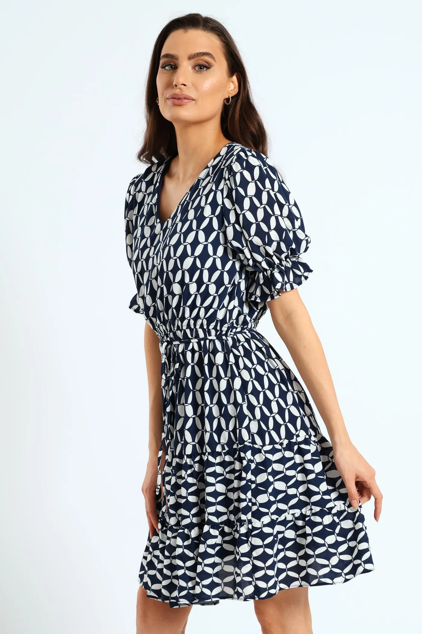 V-Neck Frill Hem Waisted Tea Dress - Navy/White sold by Edgars product image thumbnail 3