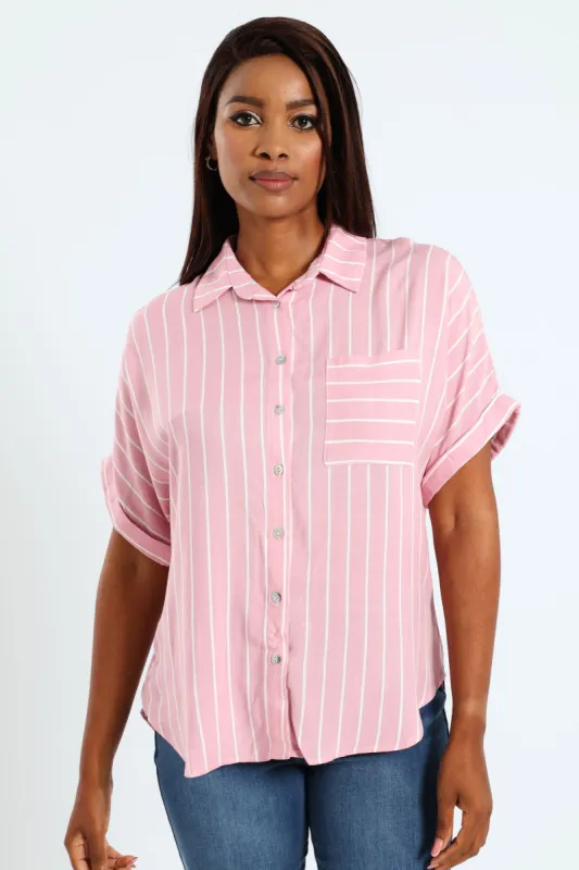 Turnup Pocket Easy Wearing Stripe Shirt - Dusty Pink sold by Edgars 