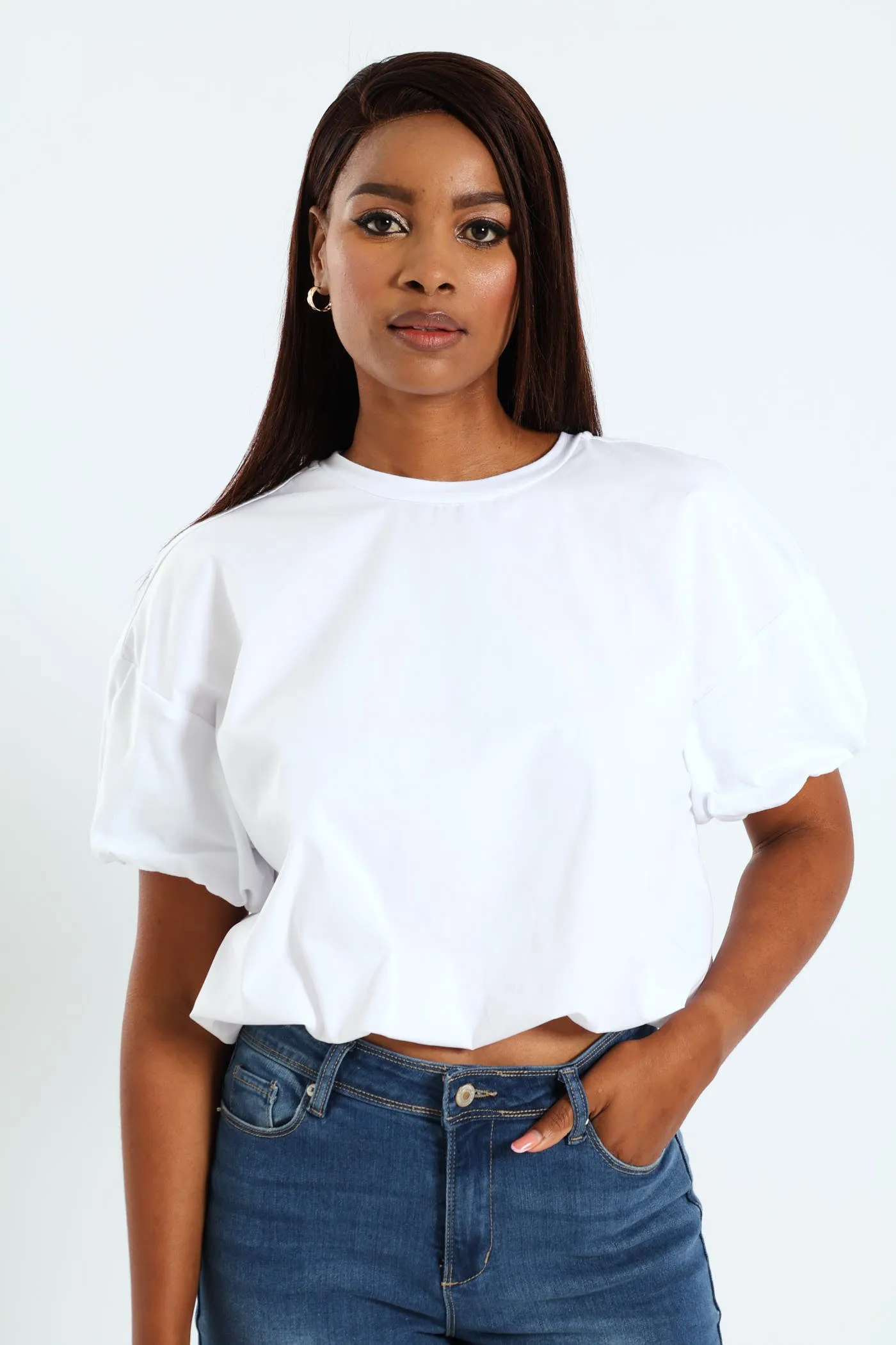 Bubble Sleeve & Hem Combo Top - White sold by Edgars
