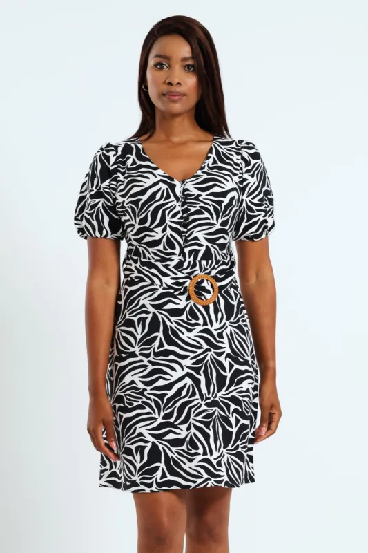 Bubble Sleeve V-Neck Belted Mini Dress - Black/White sold by Edgars 