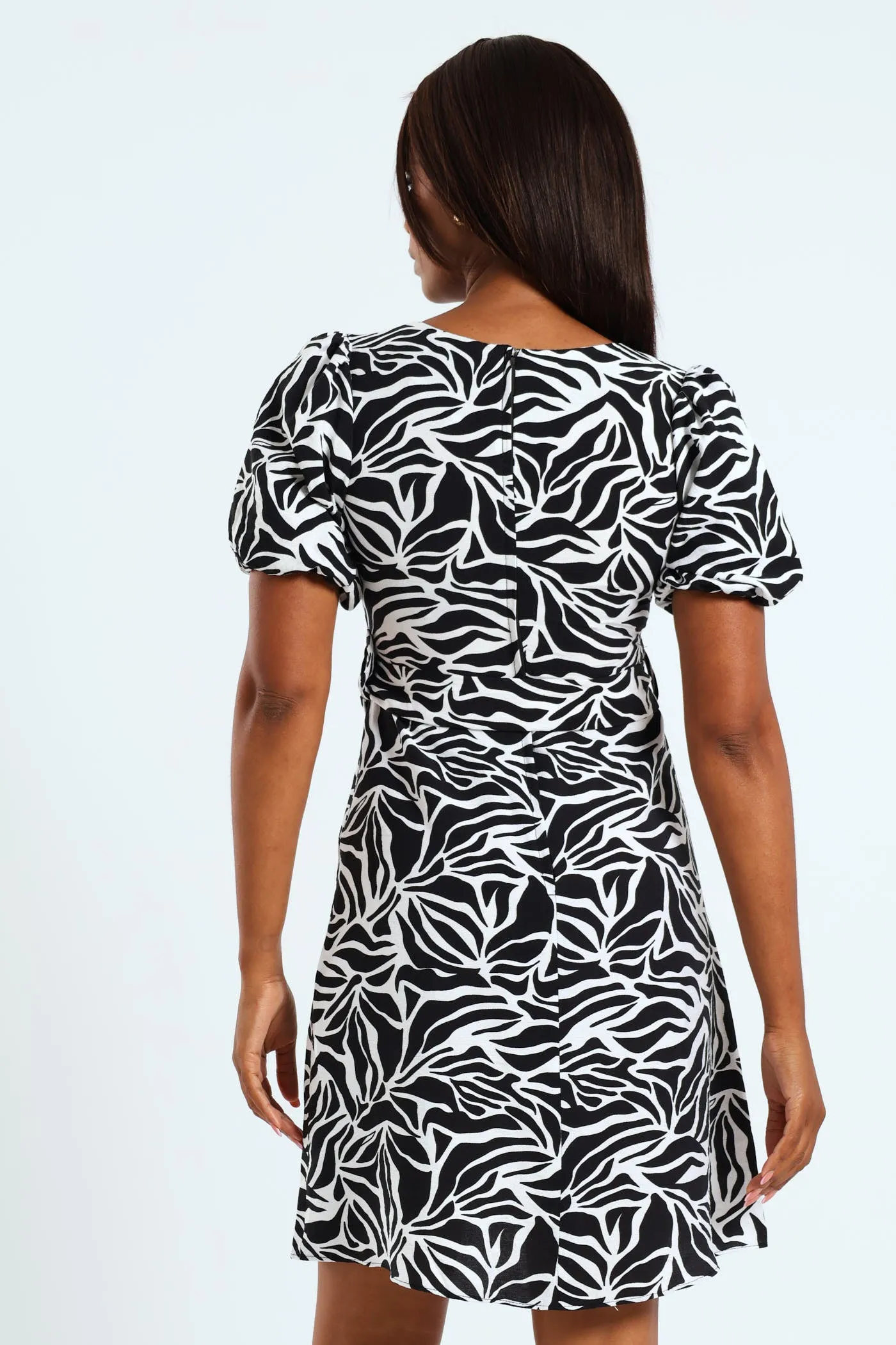 Bubble Sleeve V-Neck Belted Mini Dress - Black/White sold by Edgars product image thumbnail 3