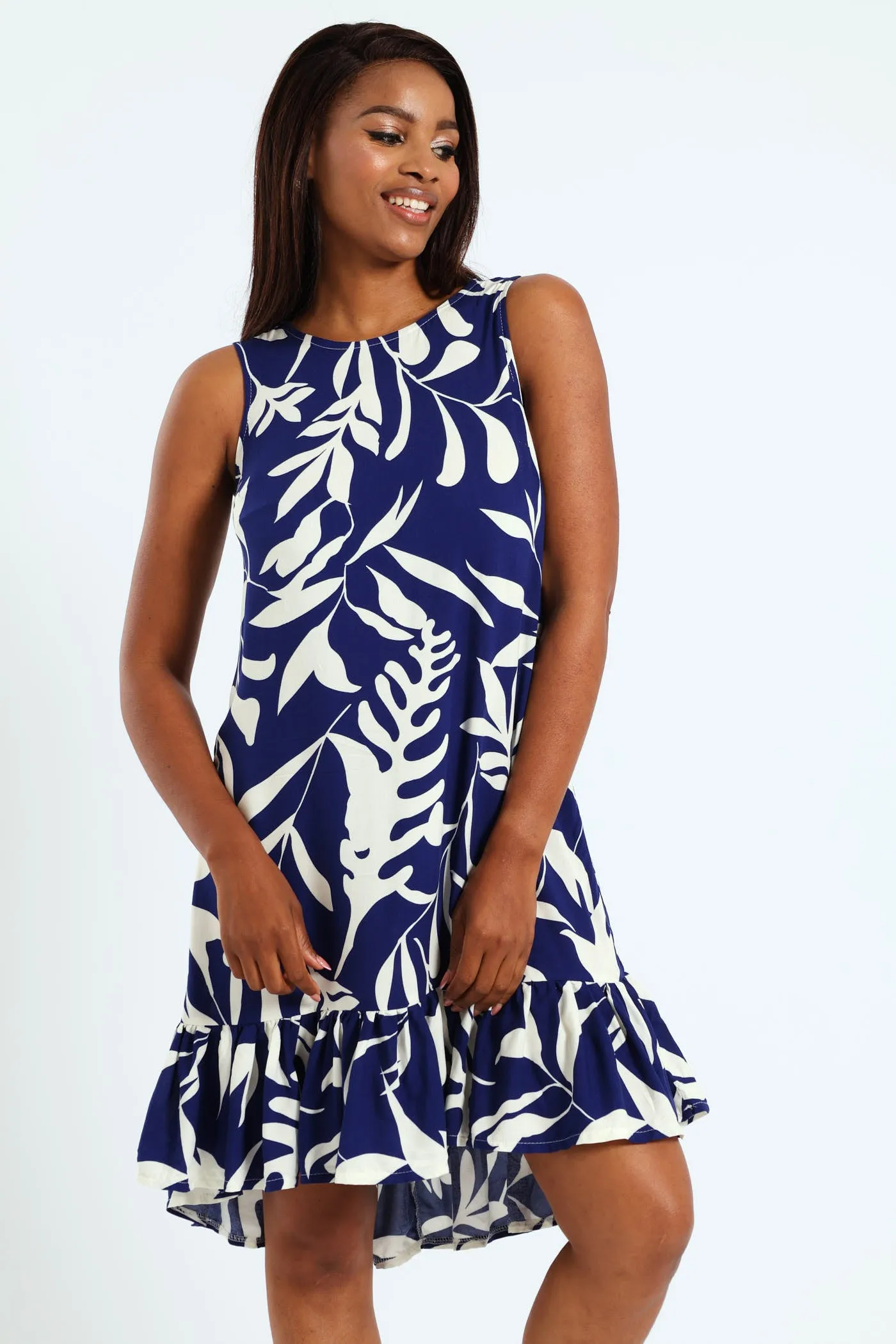 Frill Hem Hi-Lo Printed Shift Dress - Navy/White sold by Edgars