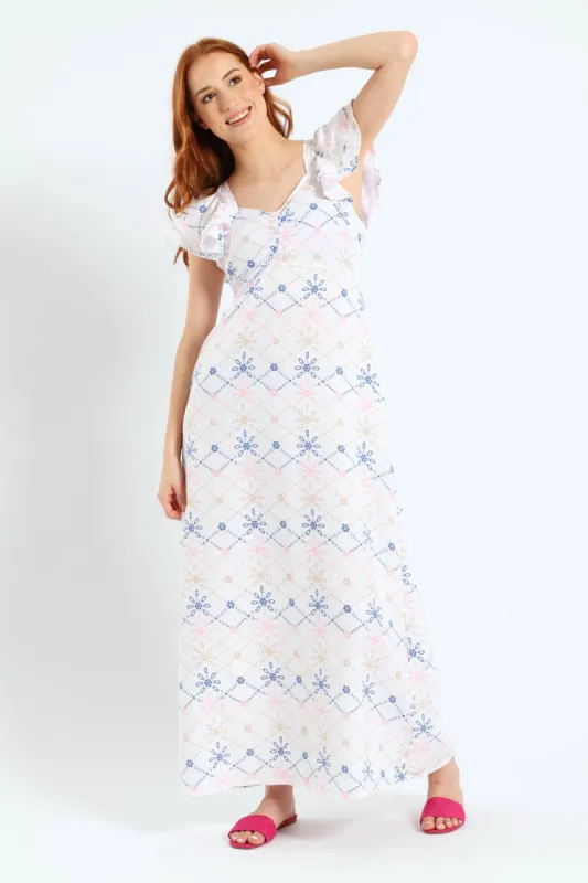 Flutter Sleeve Ruched Bodice Tieback Maxi Dress - White/Blue sold by Edgars