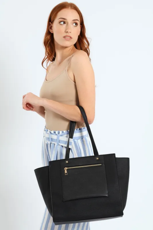 Winged Front Zip Canvas Shopper Bag - Black sold by Edgars