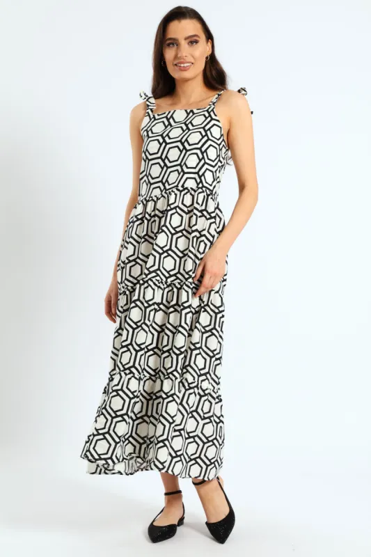 Sleeveless Tie Strap Shirred Tiered Voile Maxi Dress sold by Edgars 