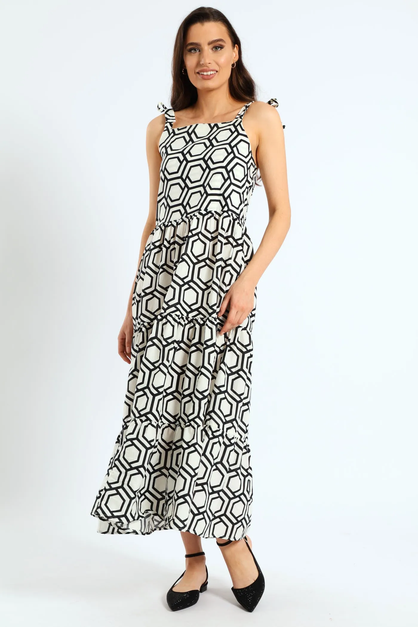 Sleeveless Tie Strap Shirred Tiered Voile Maxi Dress sold by Edgars