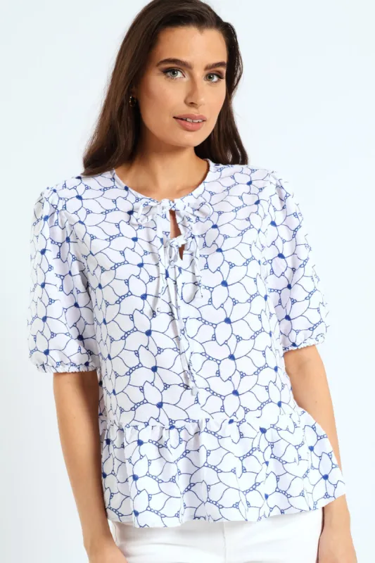 Two Tone Floral Lace Peplum Top - White/Blue sold by Edgars 