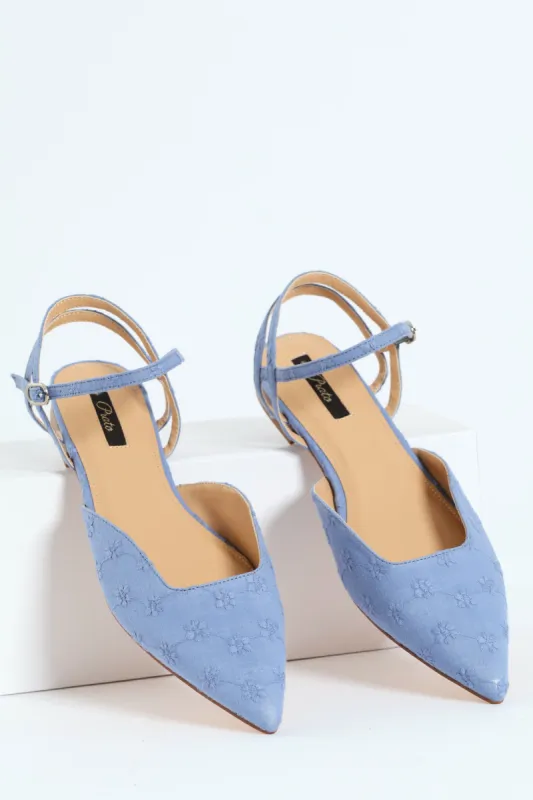 Flower Anglaise Pointy Ankle Strap Push In Mule - Blue sold by Edgars 