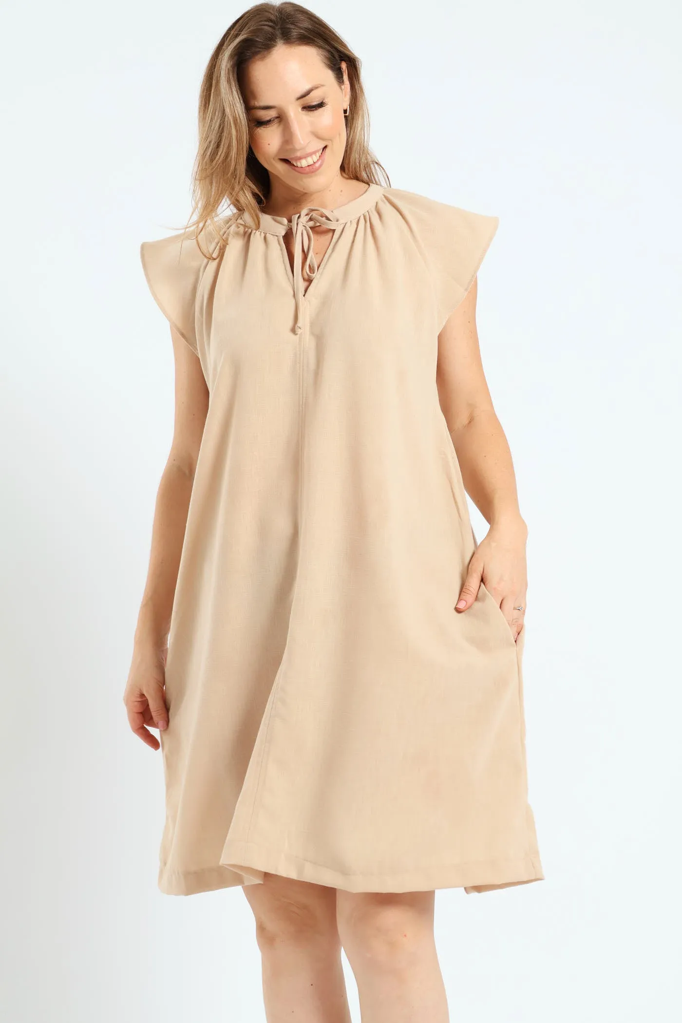 Raglan Flutter Sleeve Neck Tie Detail Mini Dress - Latte sold by Edgars
