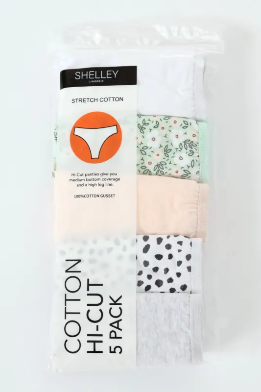 5 Pack Cotton Stretch Hi-Cut Panties - Dots/White/Floral/Pink/Grey Melange sold by Edgars