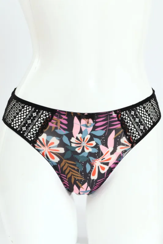 Floral Printed Microfibre & Lace Combo  Bikini Panties - Black sold by Edgars