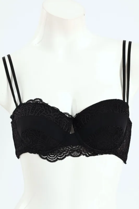 Microfibre & Lace Combo Panel Balconette Bra - Black sold by Edgars