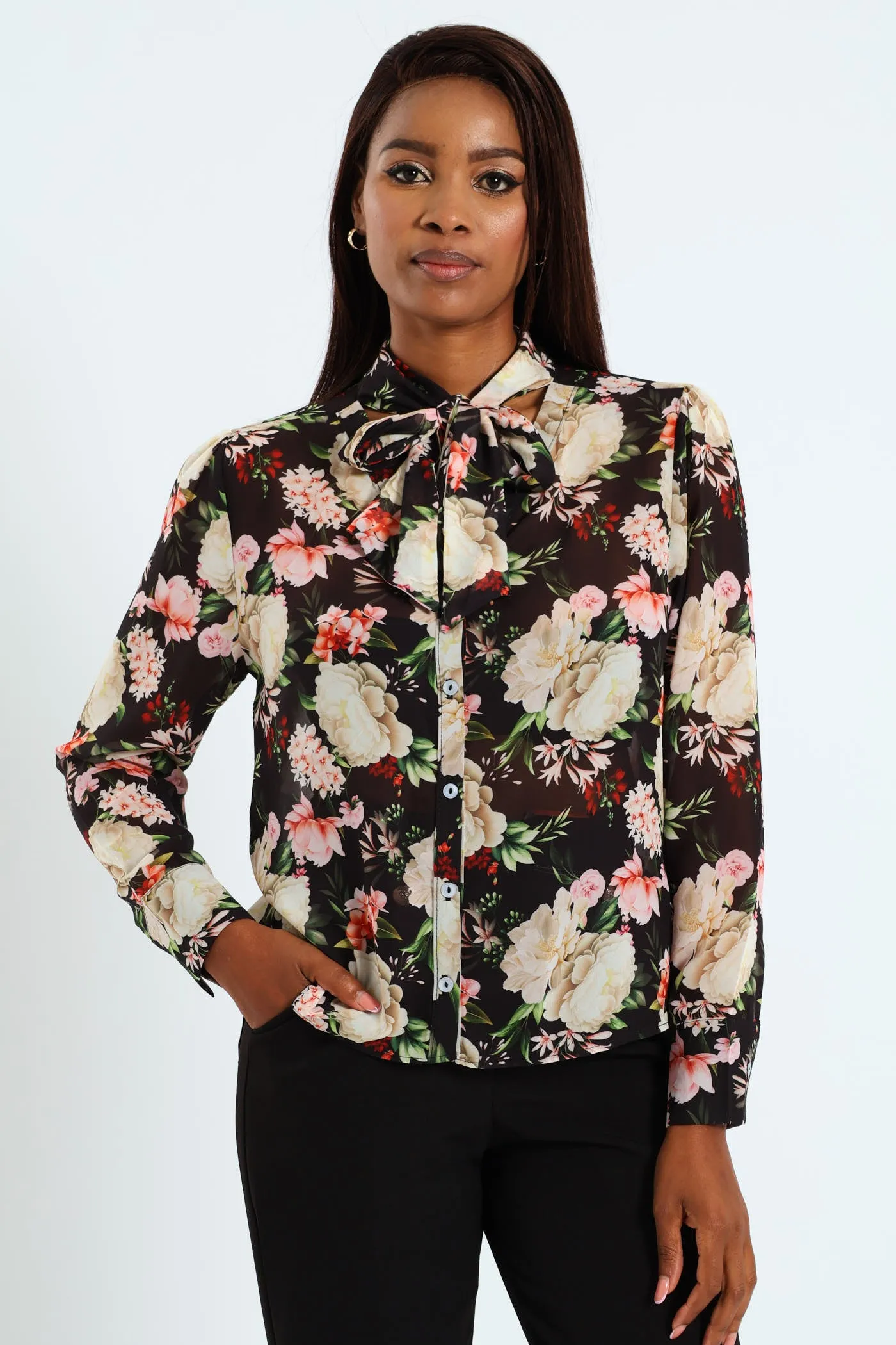 Kitty Bow Romantic Floral Blouse - Black sold by Edgars