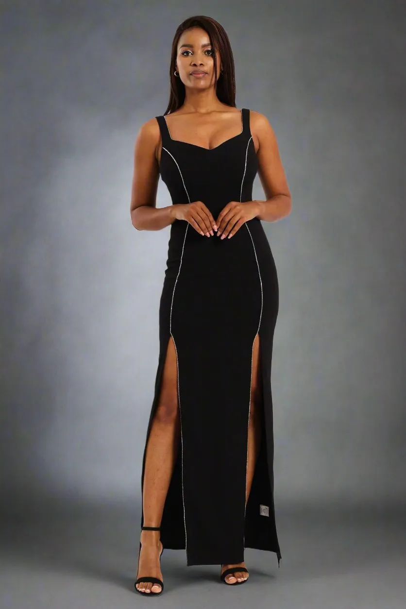 Diamante Trim And Split Detail Maxi Dress - Black sold by Edgars