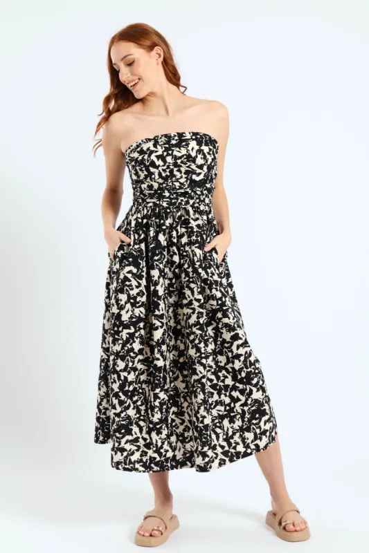 Ruched Bodice Strapless Fit & Flare Midi Dress - Black/Beige sold by Edgars