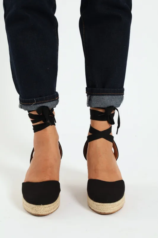 Leena Closed Toe Tying Strap Espadrille - Black sold by Edgars 