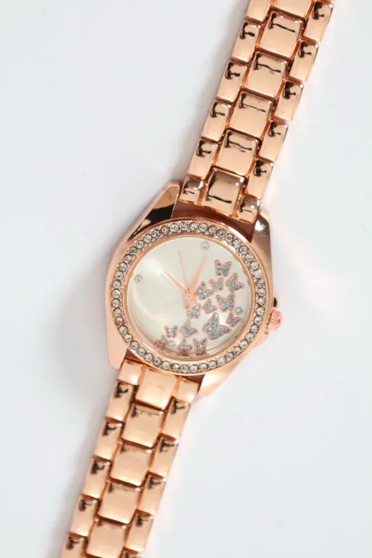 Diamante Butterfly Detail Watch With Metal Strap - Rose Gold sold by Edgars 