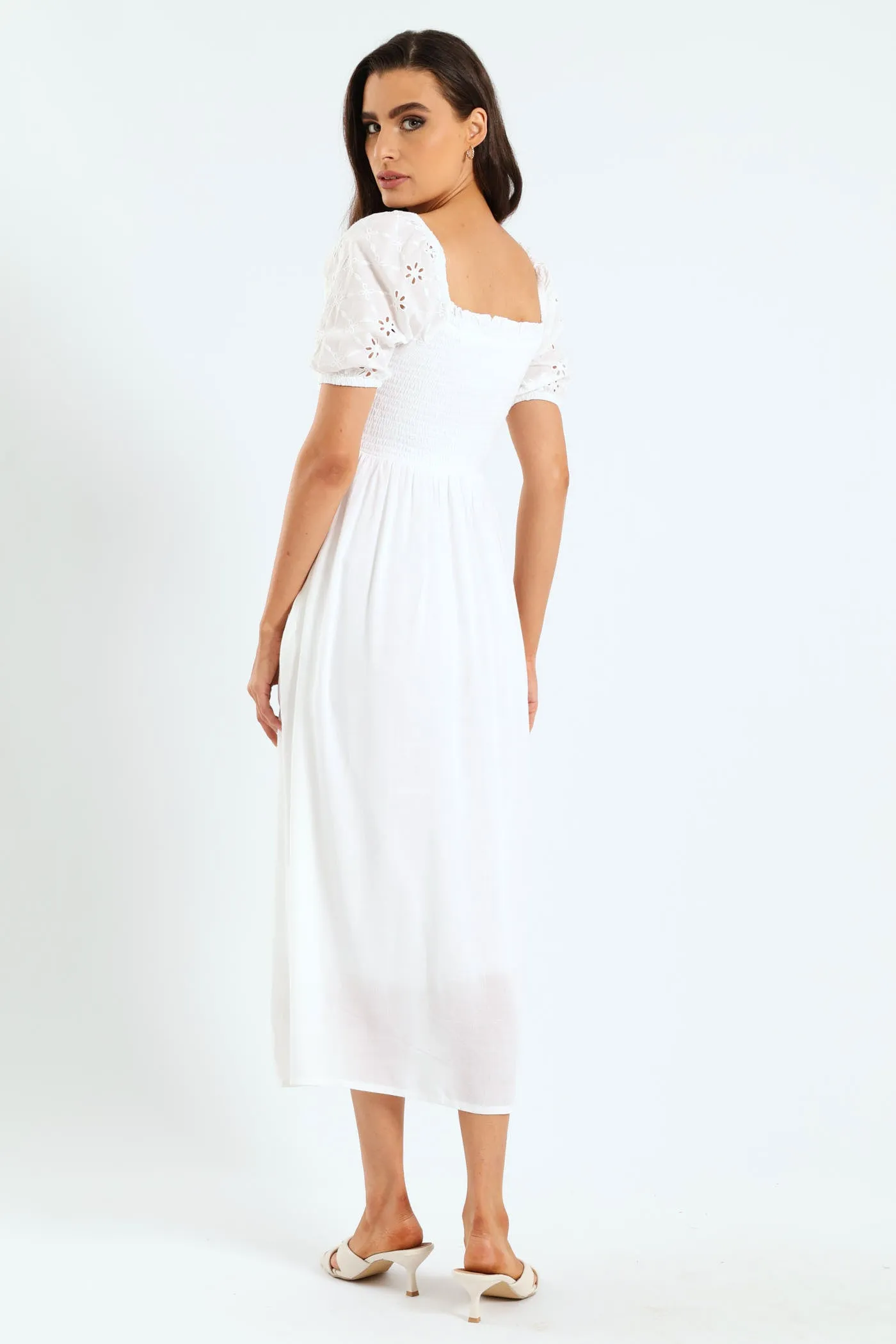 Anglaise Puff Sleeve Shirred Linen Midi Dress - White sold by Edgars product image thumbnail 3