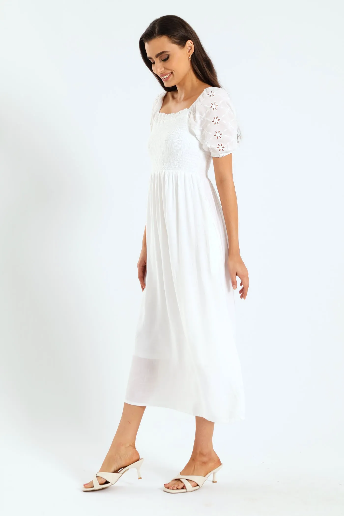 Anglaise Puff Sleeve Shirred Linen Midi Dress - White sold by Edgars product image thumbnail 2