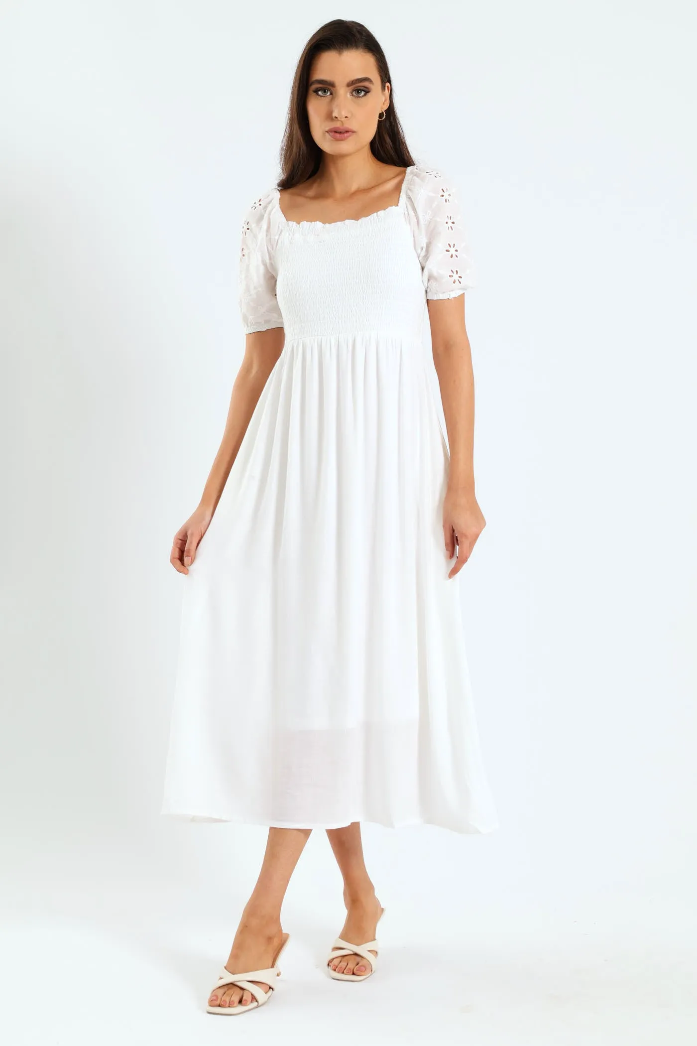 Anglaise Puff Sleeve Shirred Linen Midi Dress - White sold by Edgars