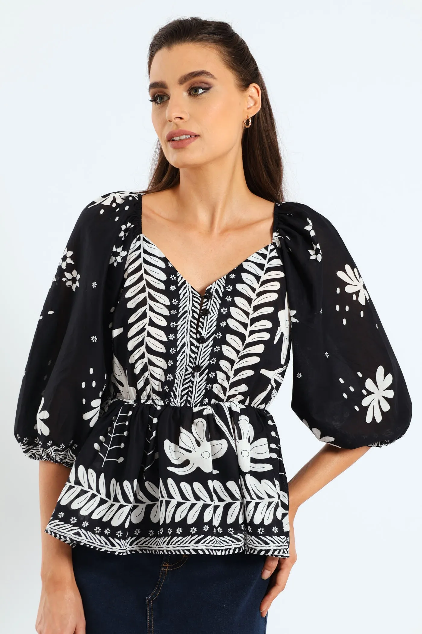 3/4 Sleeve V-Neck Peplum Blouse With Border - Black/Cream sold by Edgars