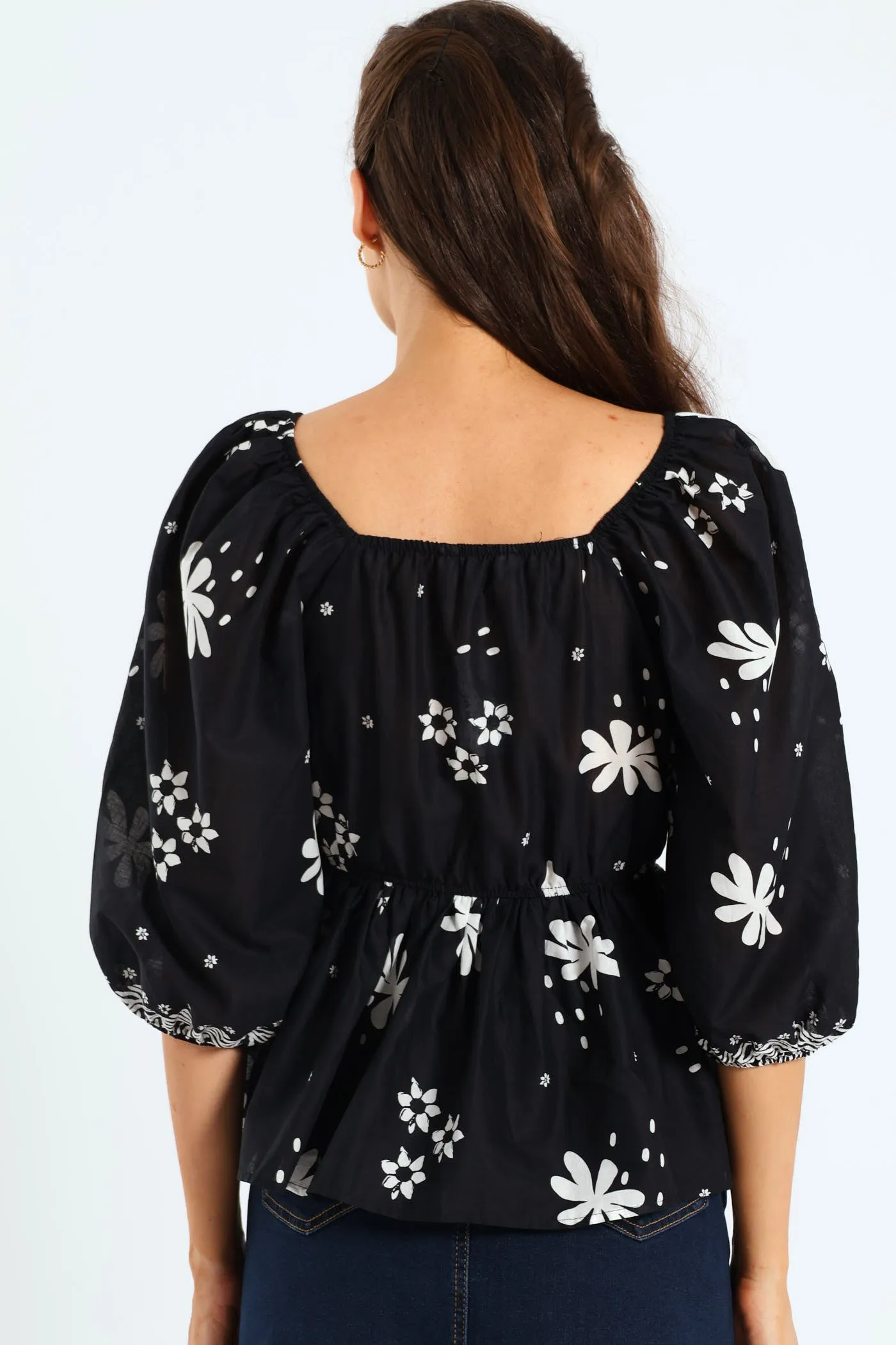 3/4 Sleeve V-Neck Peplum Blouse With Border - Black/Cream sold by Edgars product image thumbnail 3