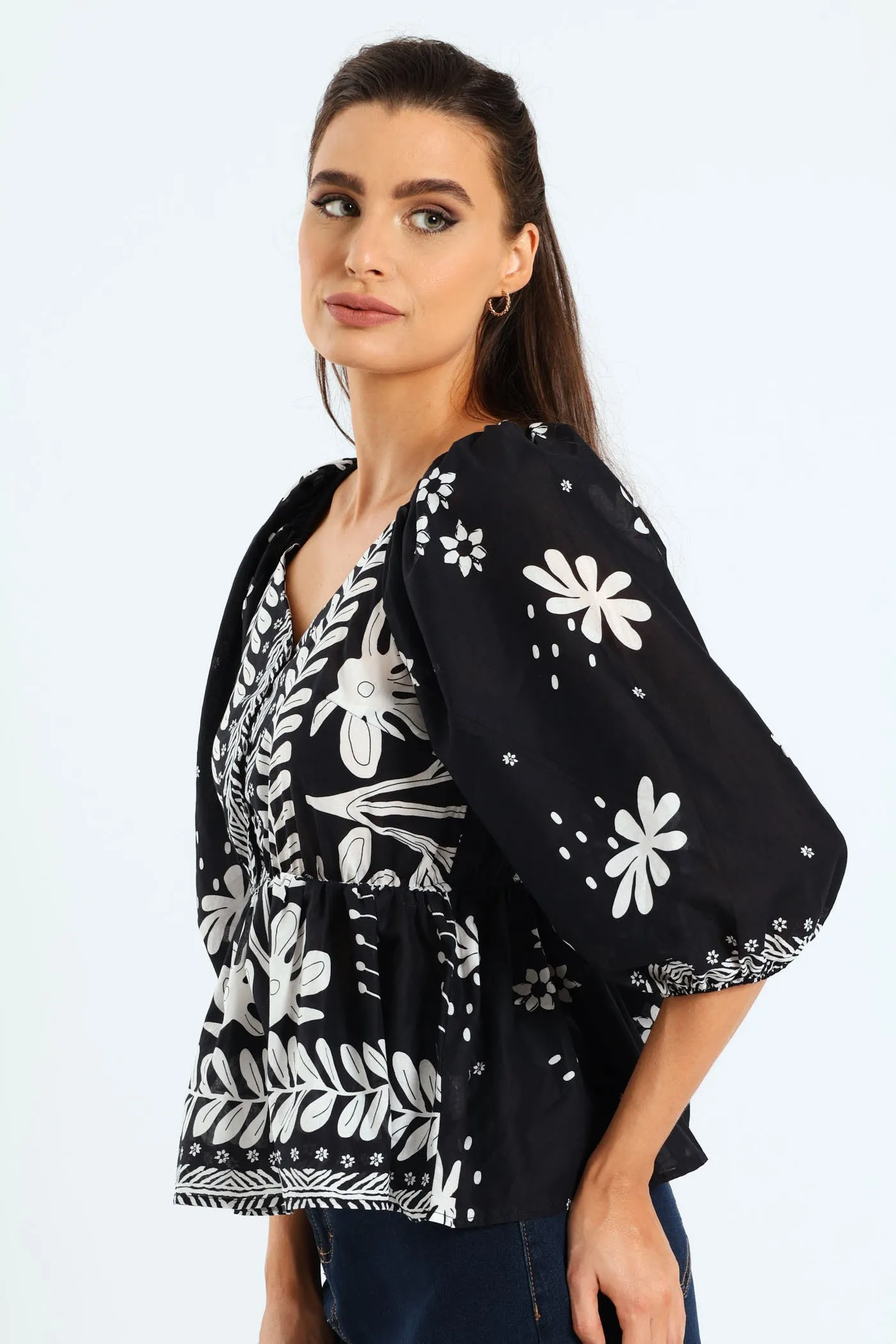 3/4 Sleeve V-Neck Peplum Blouse With Border - Black/Cream sold by Edgars product image thumbnail 2